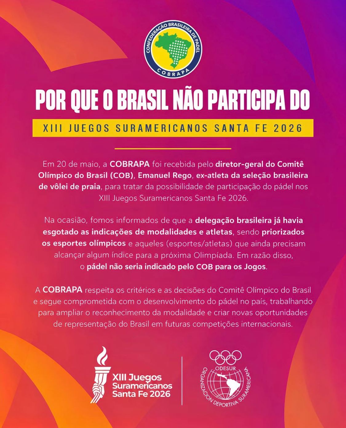 Por que o Brasil não participa do XIII Juegos Suramericanos Santa Fe 2026? 🇧🇷
